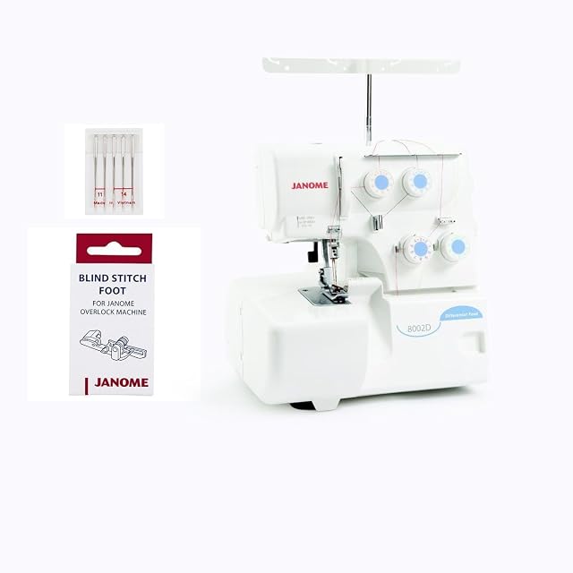 Janome 8002D overlocker, front three-quarter view