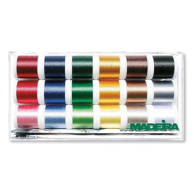 Madeira Polyneon embroidery thread box with eighteen spools